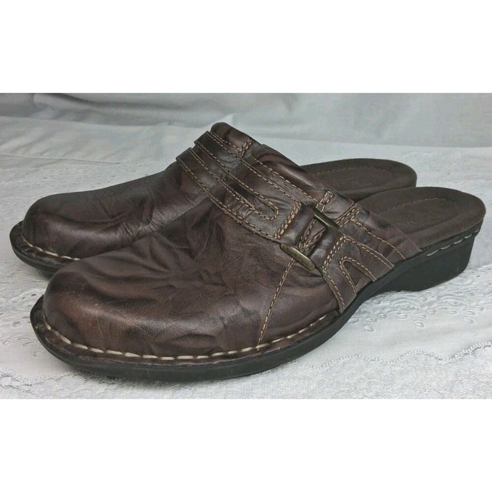 7.5M Clarks Women Dark Brown Leather Clogs Mules Marbled Slip On Comfort Western